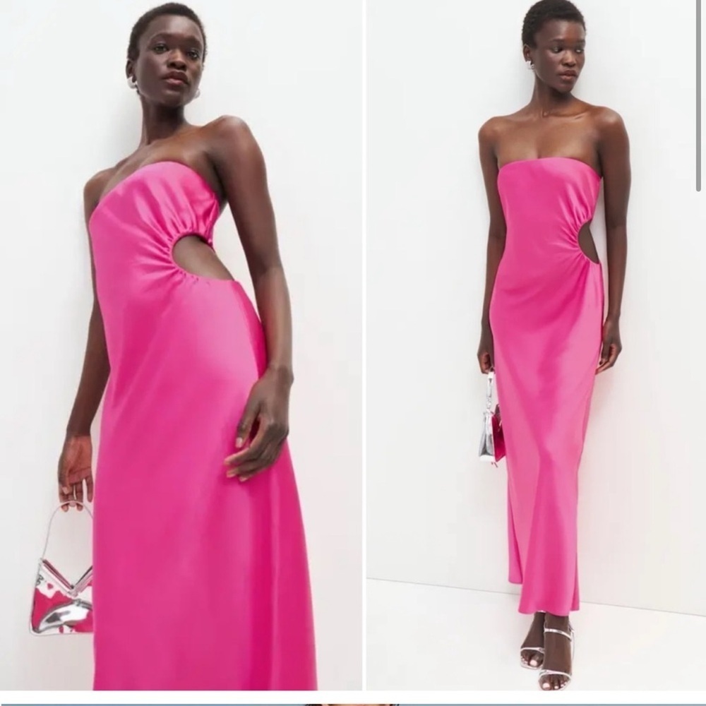 NWT Reformation Navaeh Satin Side Cutout Strapless Midi Bias Dress in Flambe - Picture 2 of 15